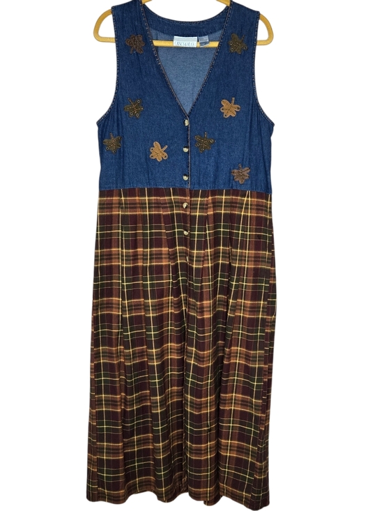 Vintage Dresses & Skirts - Vtg Casey & Max Denim Plaid Jumper Dress Medium Fall Leaf Embroidered Maxi 90s